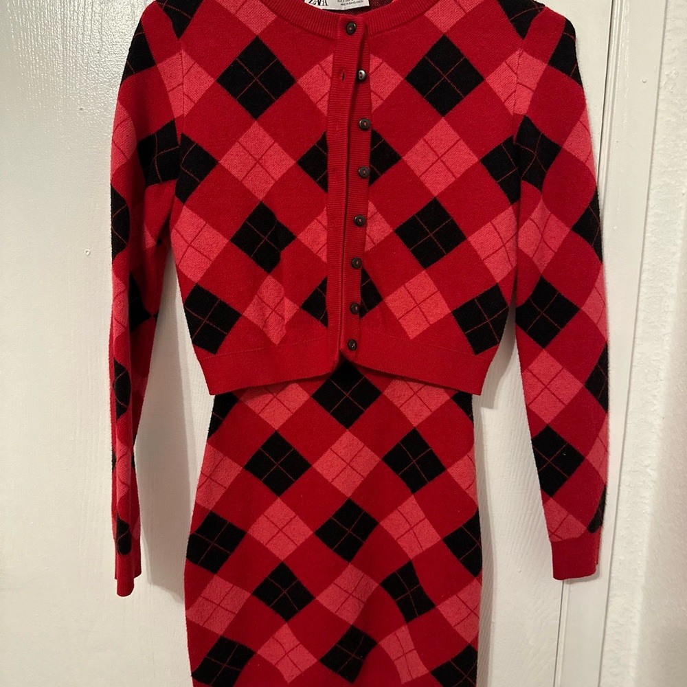 Zara Red and Black Argyle Sweater